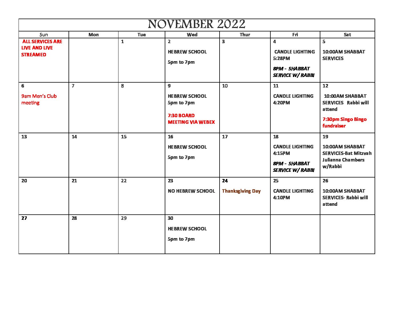 November 2022 calendar
